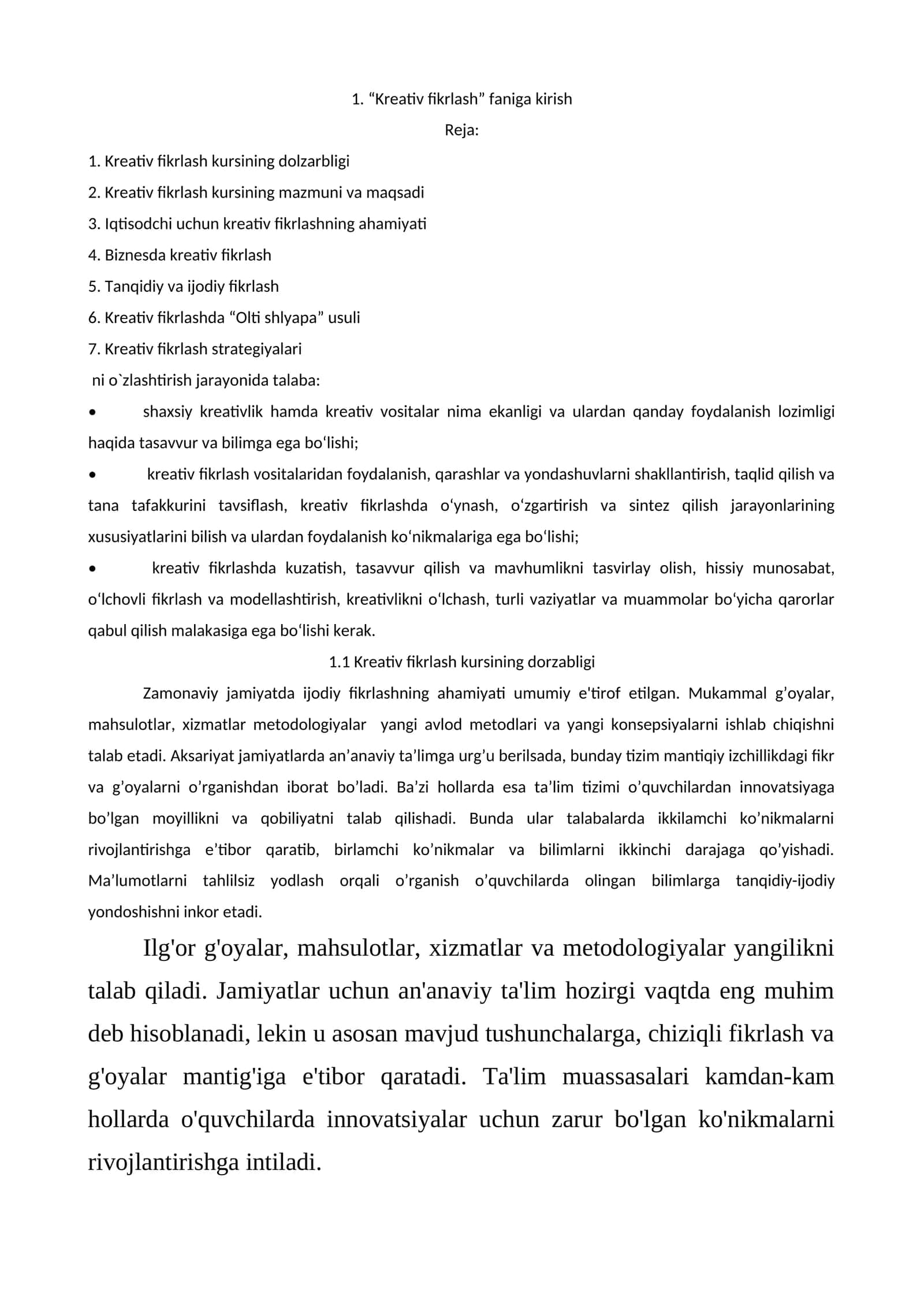 Kreativ fikrlash kursi 1