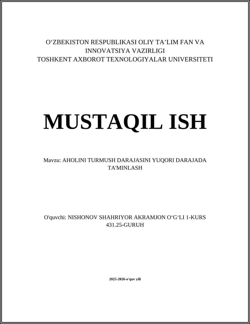 AHOLINI TURMUSH DARAJASINI YUQORI DARAJADA TA'MINLASH 1