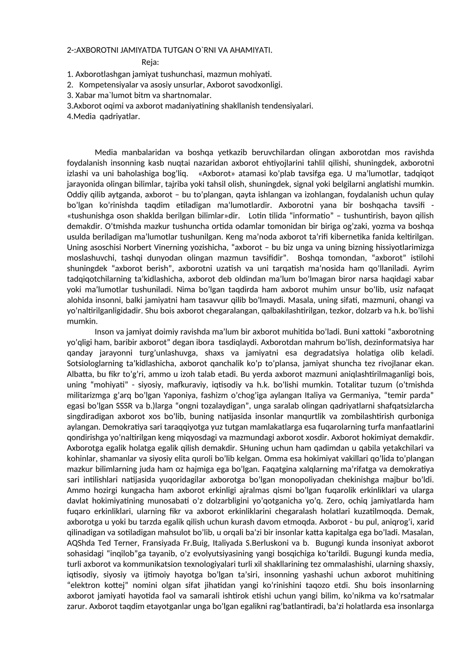 AXBOROTNI JAMIYATDA TUTGAN O`RNI VA AHAMIYATI 1