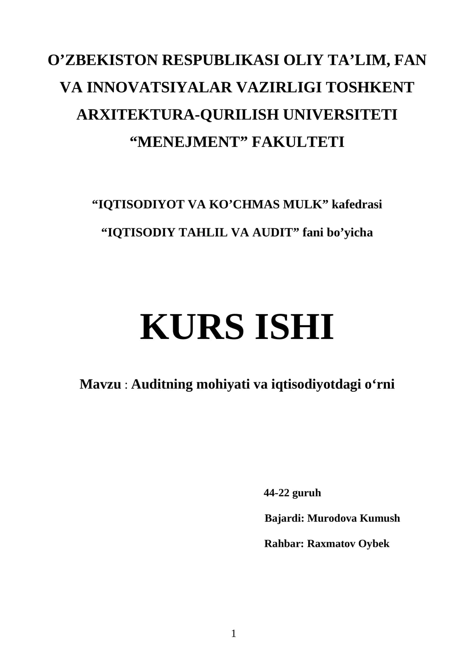 Auditning mohiyati va iqtisodiyotdagi o‘rni 1