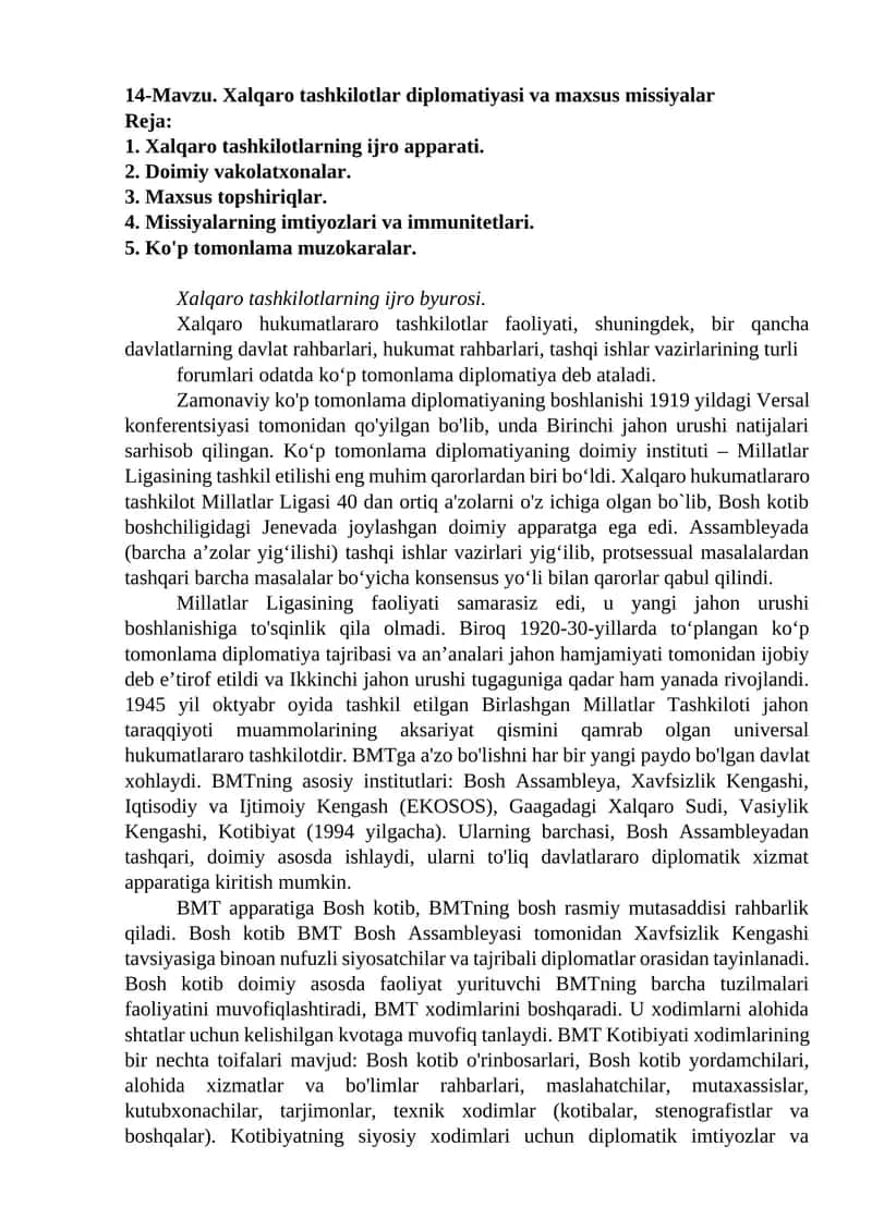 Xalqaro tashkilotlar diplomatiyasi va maxsus missiyalar 1