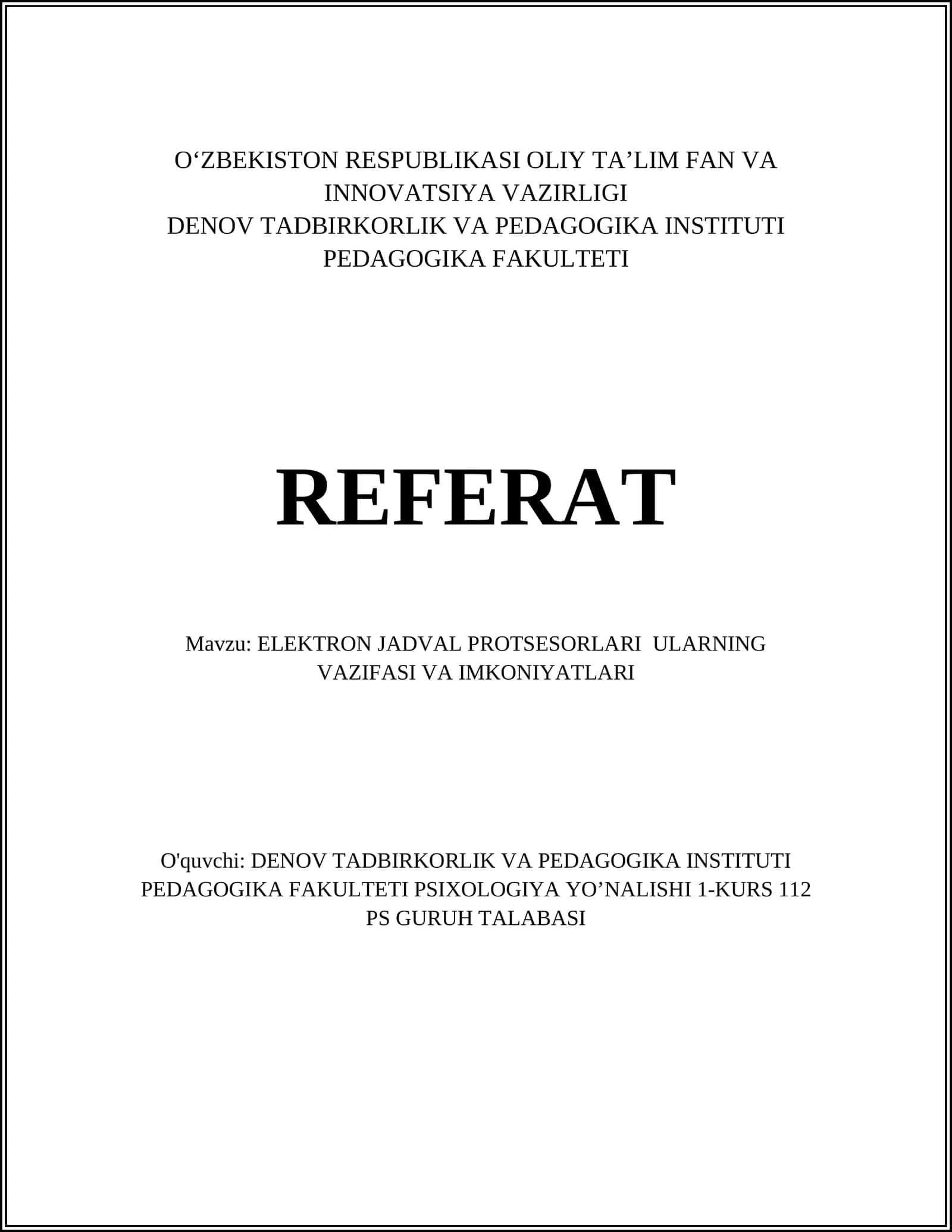 ELEKTRON JADVAL PROTSESORLARI ULARNING VAZIFASI VA IMKONIYATLARI 1