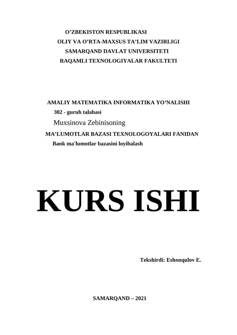 Bank ma'lumotlar bazasini loyihalash 1