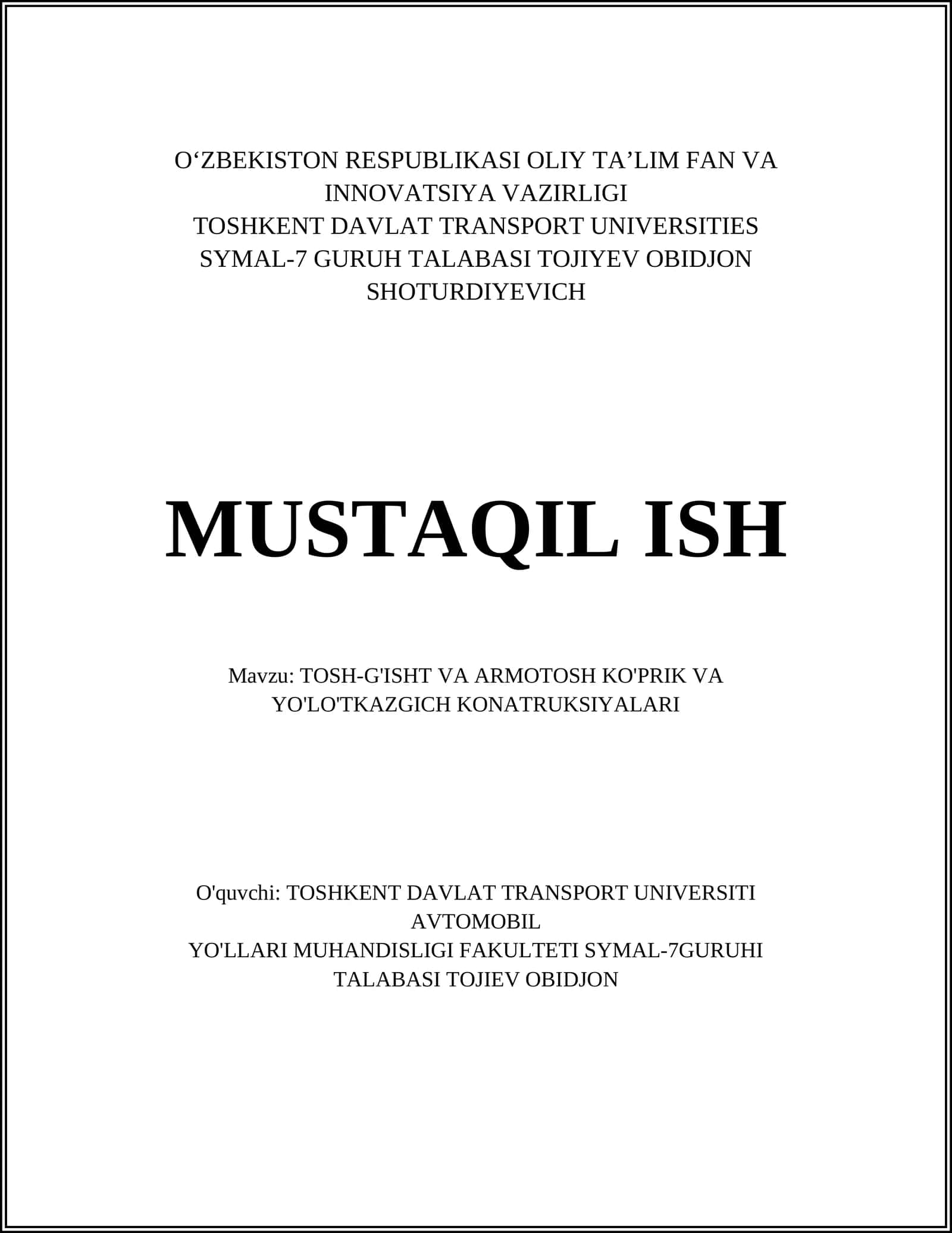 TOSH-G'ISHT VA ARMOTOSH KO'PRIK VA YO'LO'TKAZGICH KONATRUKSIYALARI 1