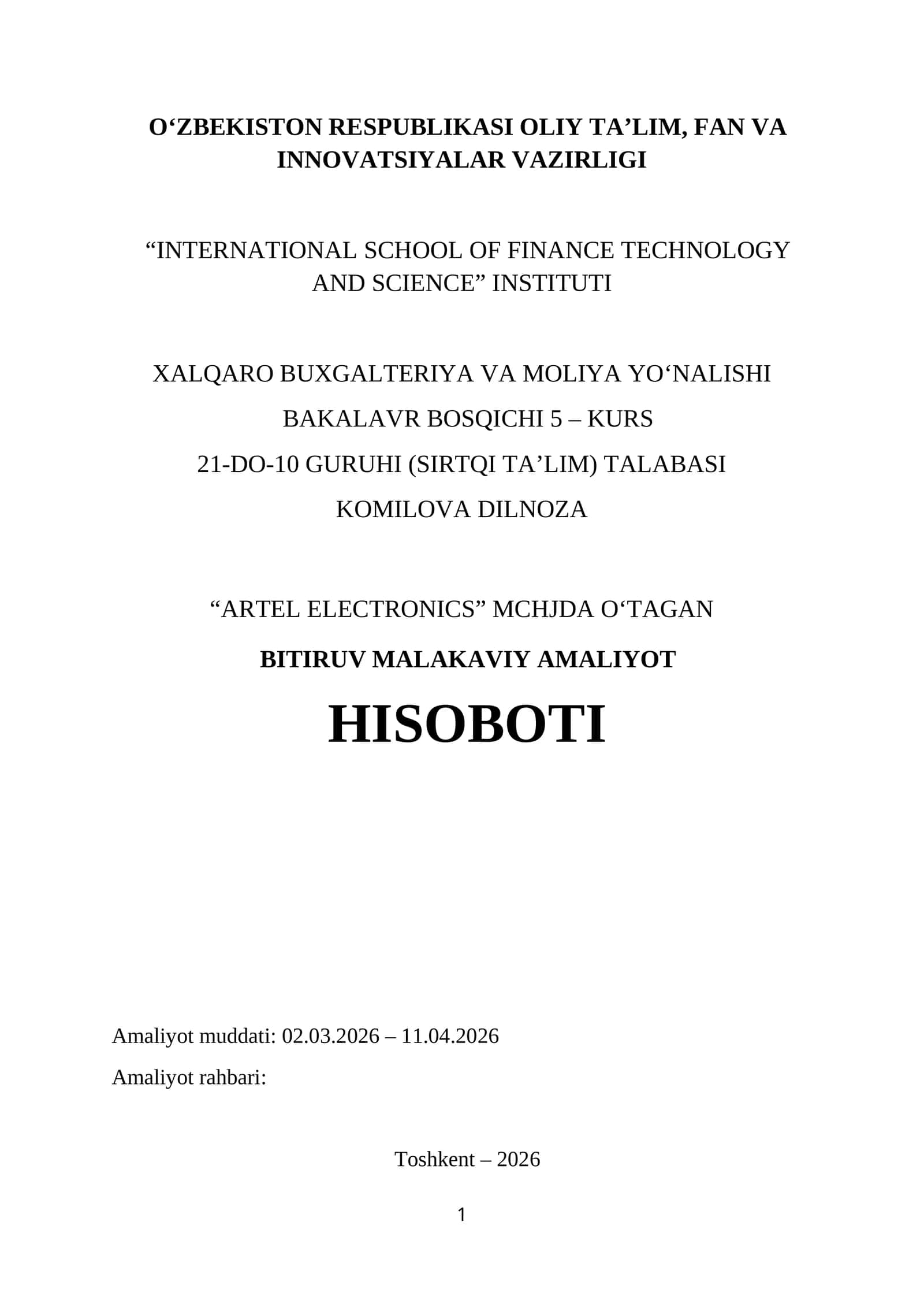Sovutgichlar ishlab chiqarish kompleksi. mchj.Bitiruv Malakaviy Amaliyot Hisoboti 1