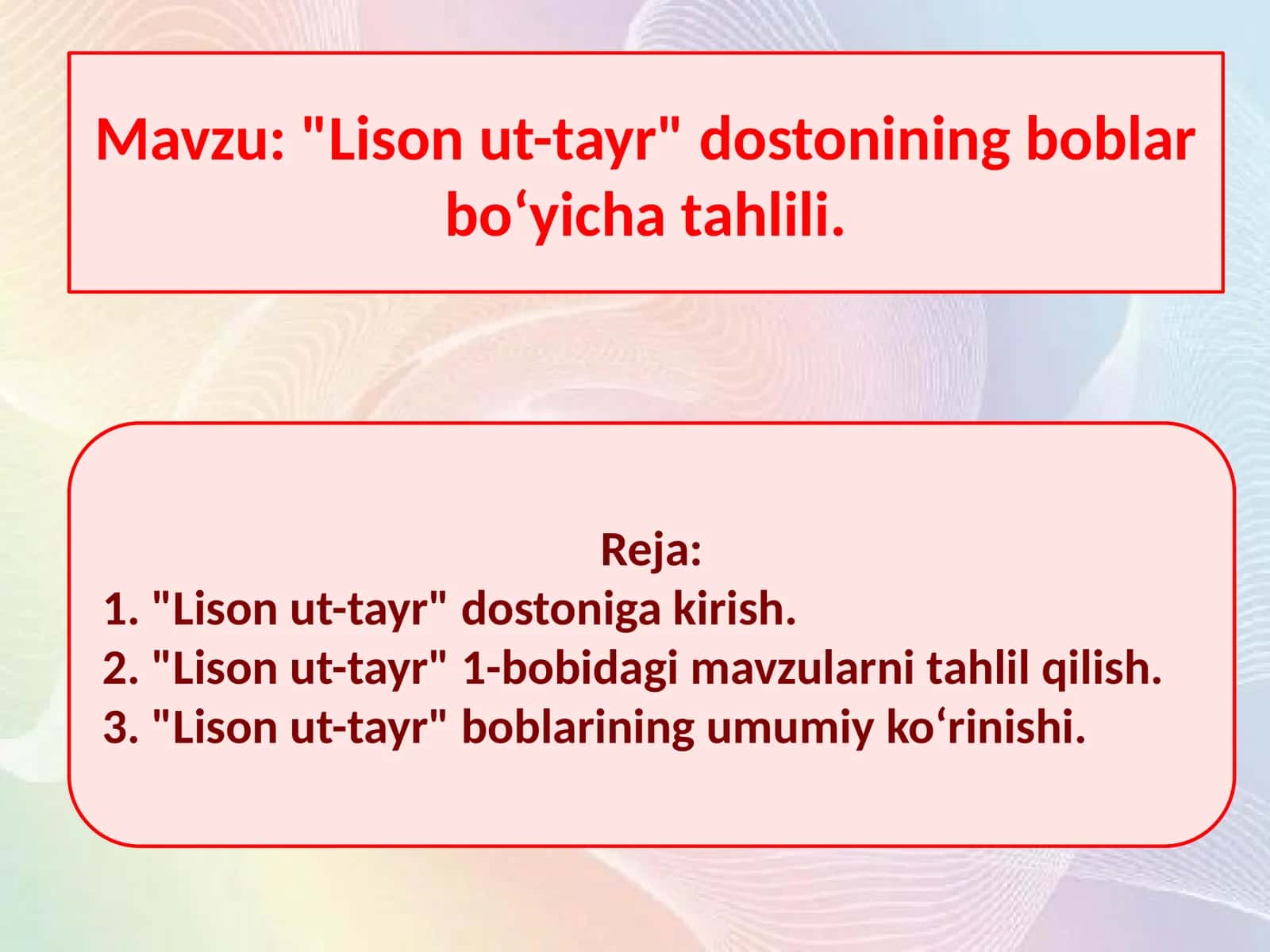 Lison ut-tayr dostonining boblar boʻyicha tahlili 1