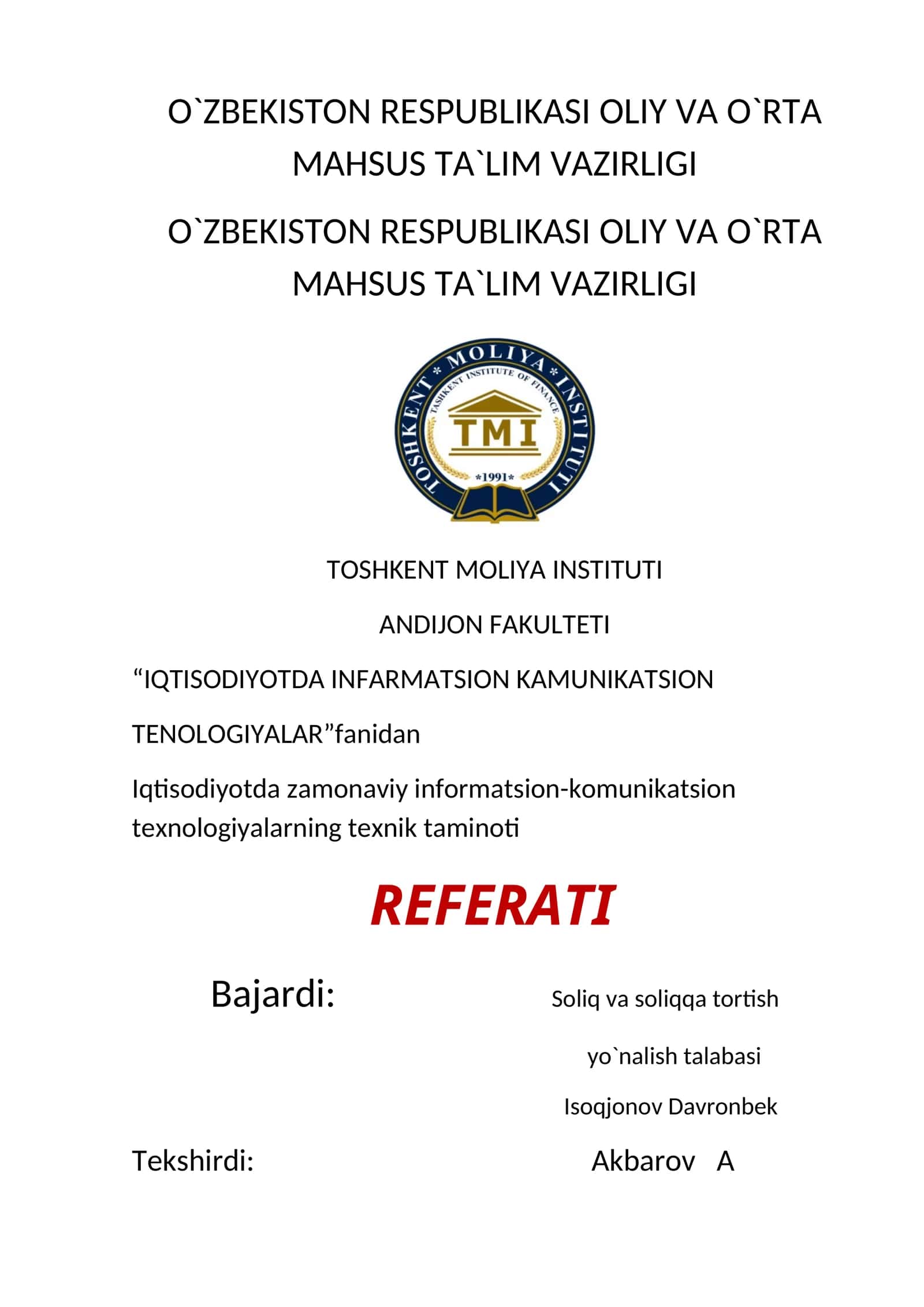 IQTISODIYOTDA INFARMATSION KAMUNIKATSION TENOLOGIYALAR 1