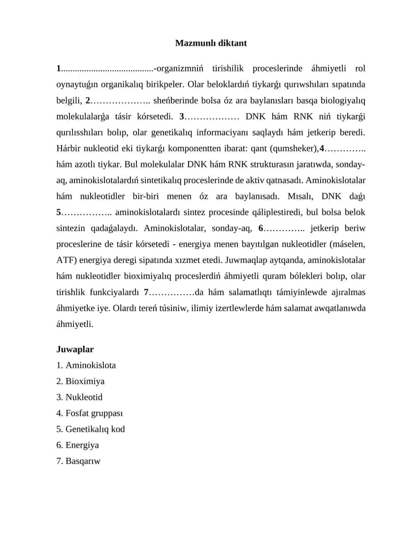 Mazmunlı diktant 1
