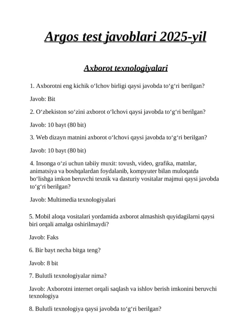 Argos test savol javobi bilan eng yangisi 2025 yil 1