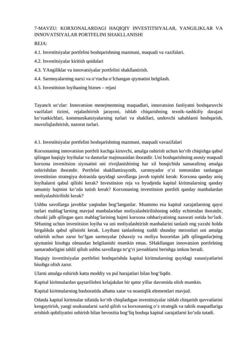 KORXONALARDAGI HAQIQIY INVESTITSIYALAR, YANGILIKLAR VA INNOVATSIYALAR PORTFELINI SHAKLLANISHI 1