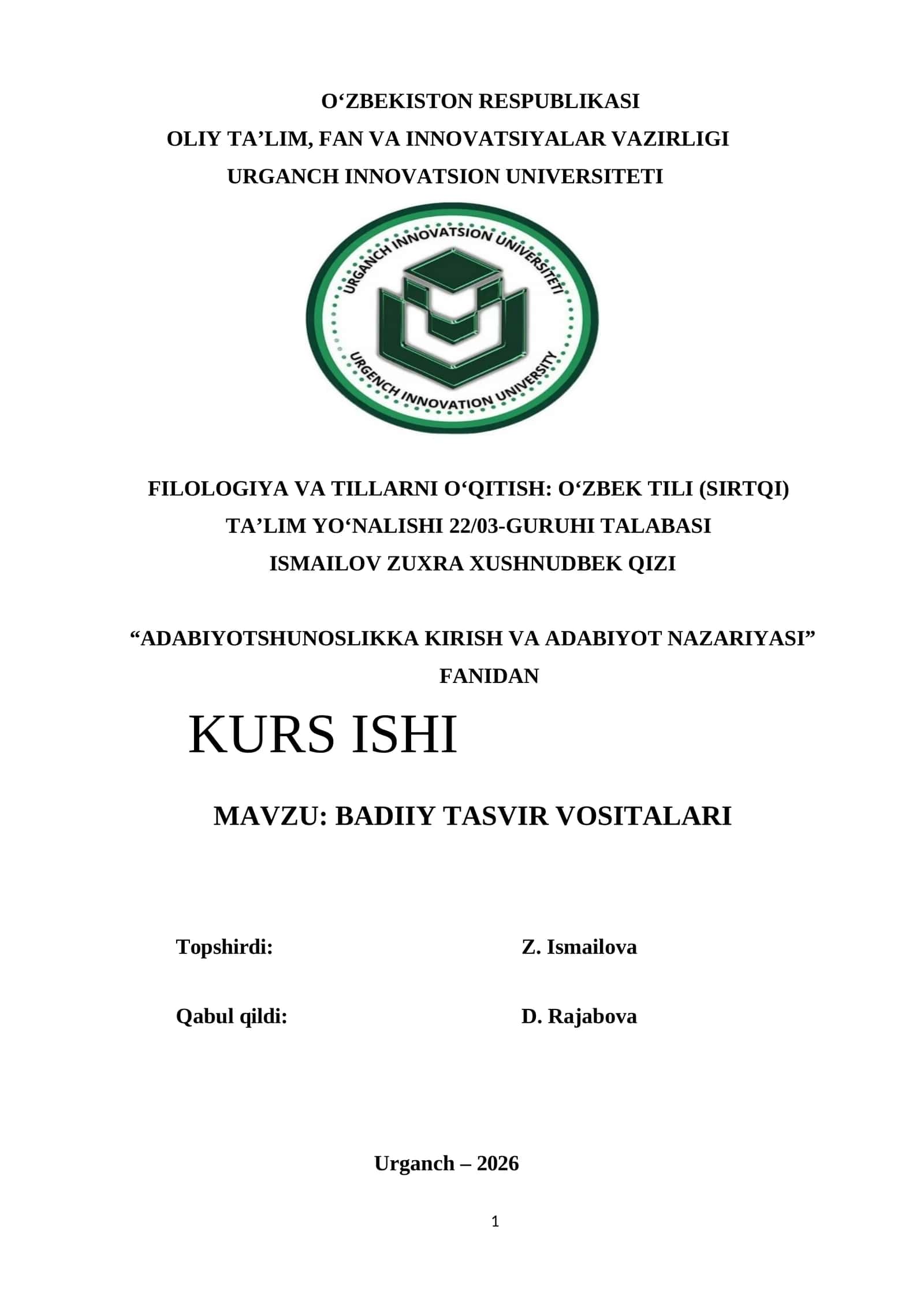 “BADIIY TASVIR VOSITALARI” KURS ISHI 1