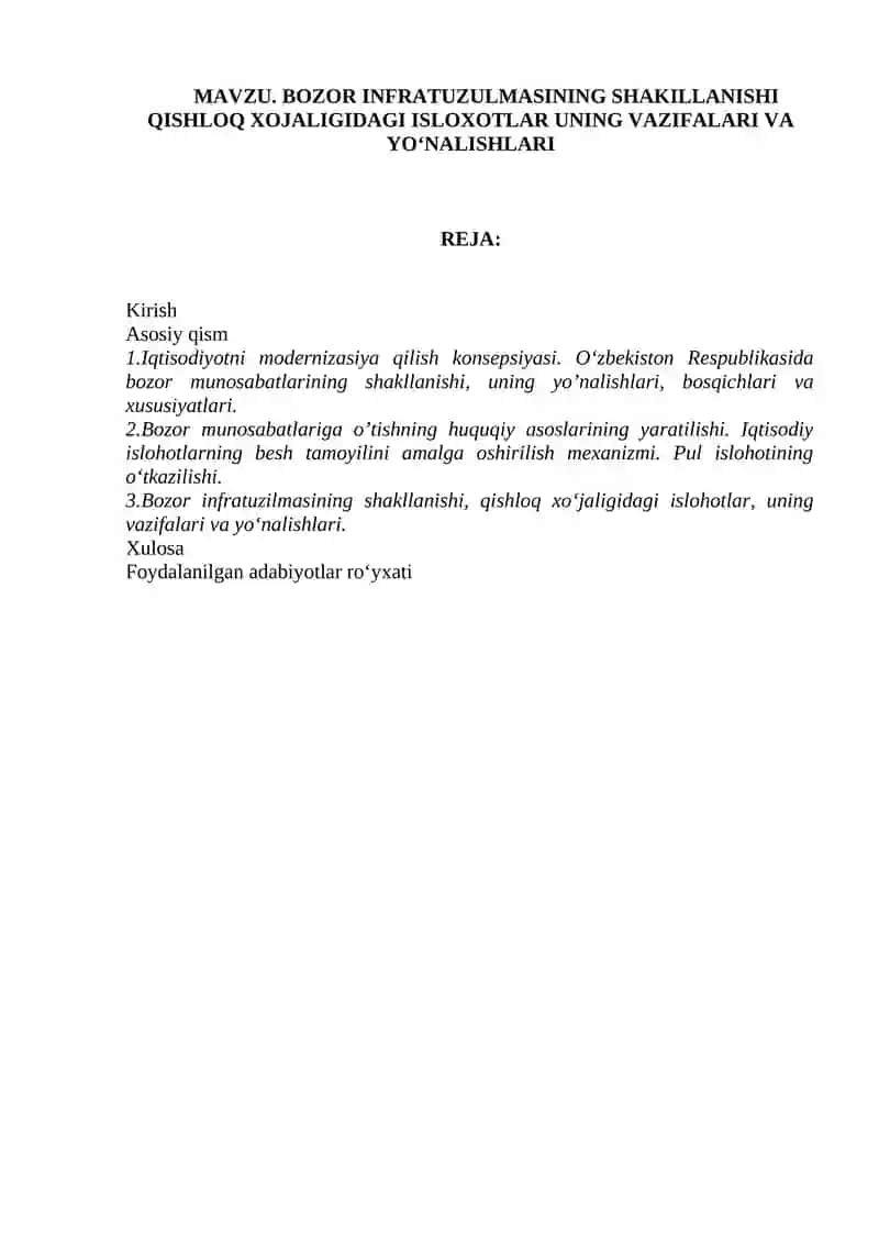 Bozor Infratuzulmasining Shakillanishi Qishloq Xojaligidagi Isloxotlar 1
