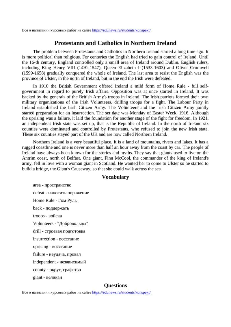 Mavzu: Protestants and Catholics in Northern Ireland 1