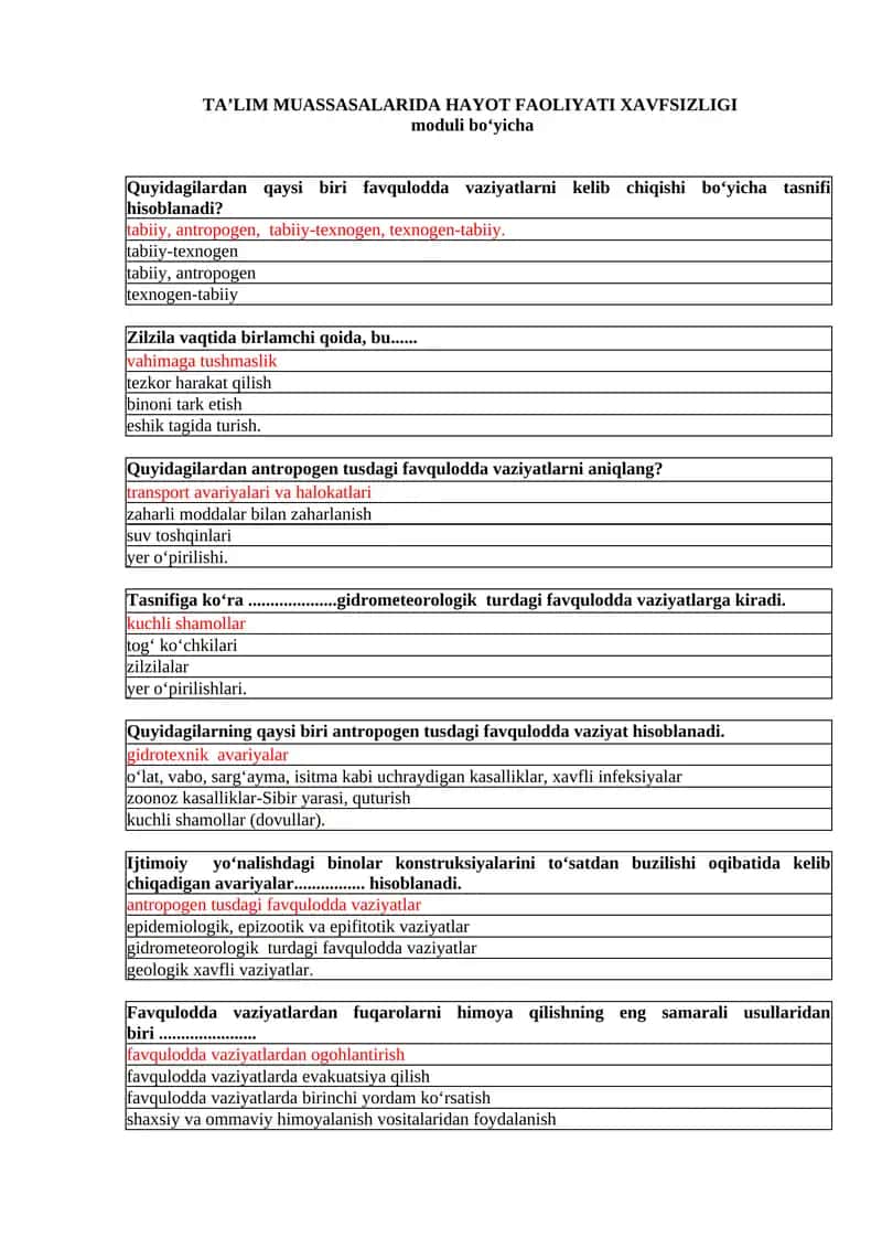Hayot faoliyati xavfsizligi moduli 1