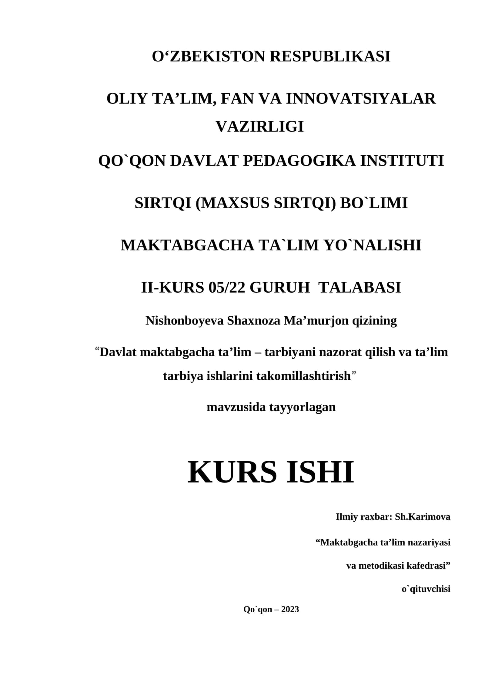 “Davlat maktabgacha ta’lim – tarbiyani nazorat qilish va ta’lim tarbiya ishlarini takomillashtirish” KURS ISHI 1