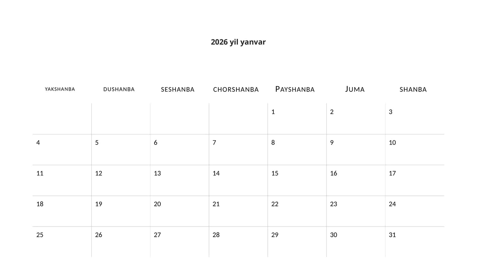 2026-Yil Minimalistik Ishchi Taqvimi Taqdimoti (12 Slayd) 1