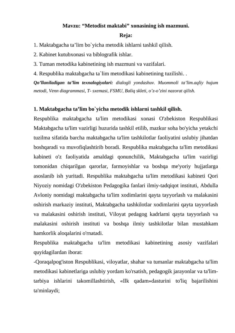 Respublika maktabgacha ta’lim metodikasi kabinetining ish mazmuni. 1