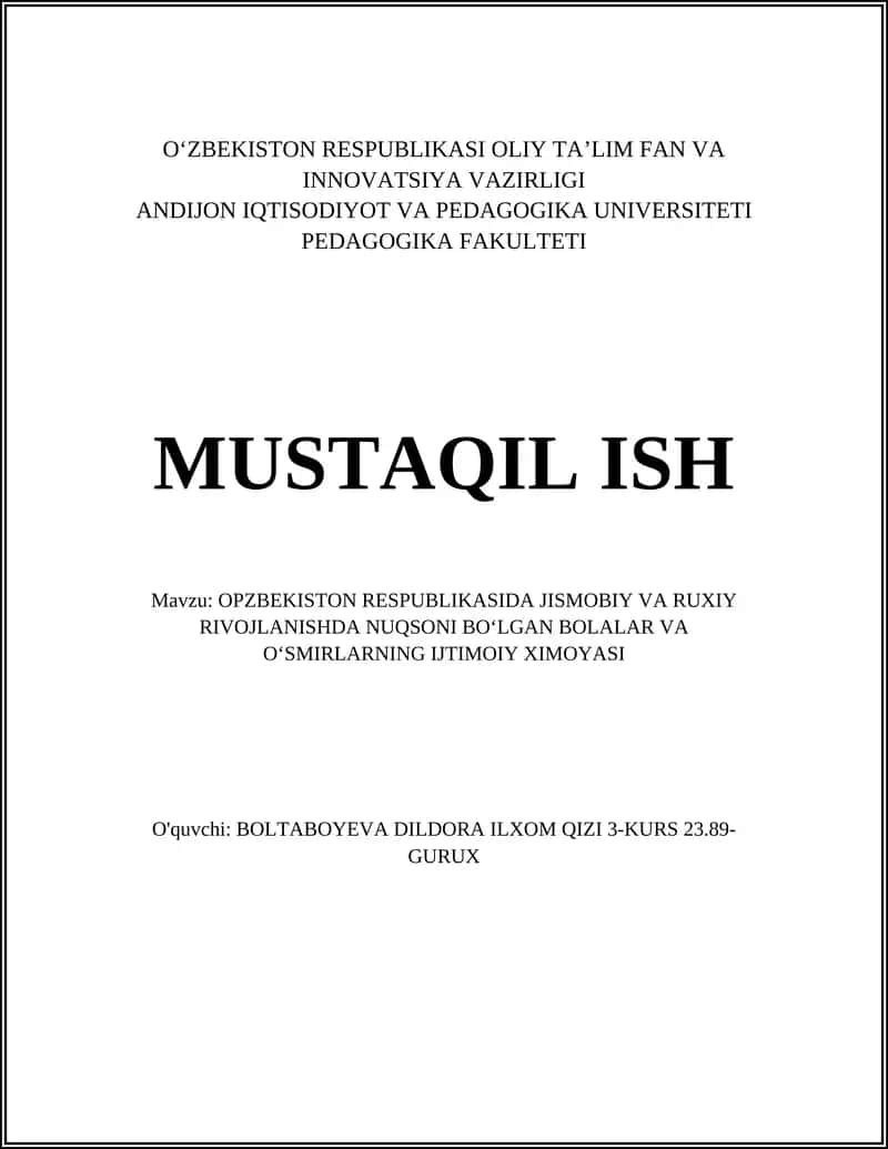 O‘zbekiston Respublikasida jismoniy va ruhiy rivojlanishda nuqsoni bo‘lgan bolalar va o‘smirlarning ijtimoiy ximoyasi 1