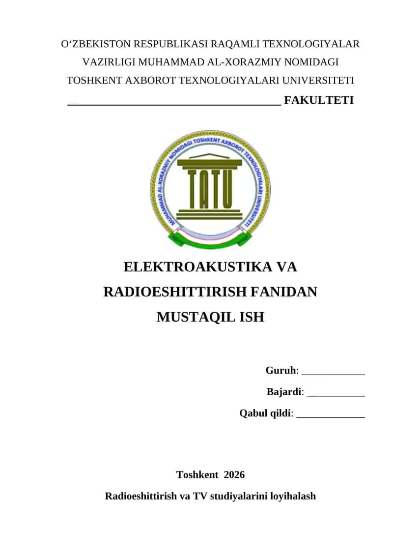 Radioeshittirish va TV studiyalarini loyihalash 1