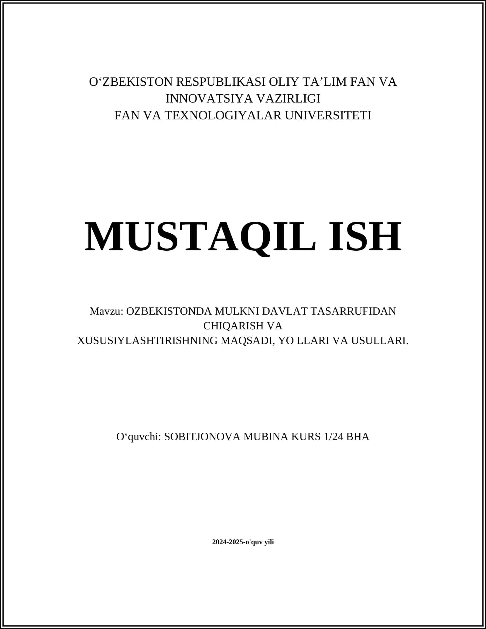 O‘zbekiston Mulkni Davlat Tasarrufidan Chiqarish Va Xususiylashtirishning Maqsadi 1