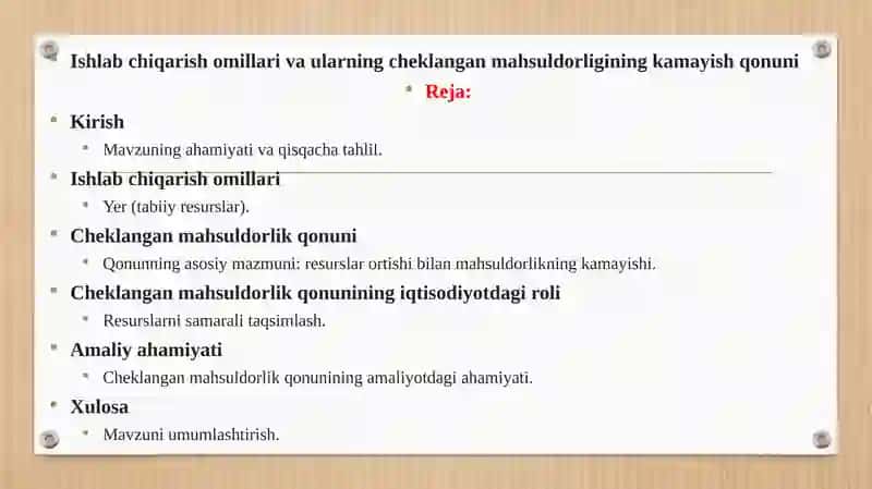 Ishlab chiqarish omillari va ularning cheklangan mahsuldorligining kamayish qonuni 1