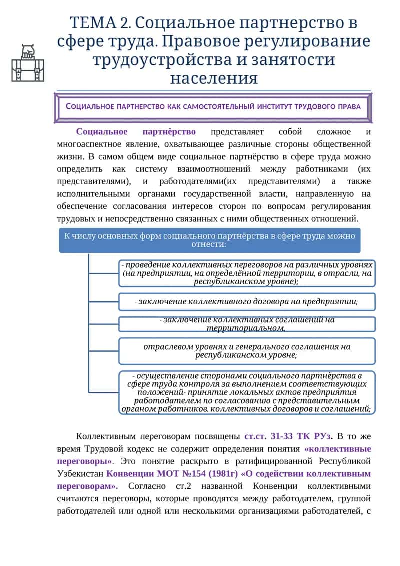 ТЕМА 2. Социальное партнерство в сфере труда. Правовое регулирование трудоустройства и занятости населения 1