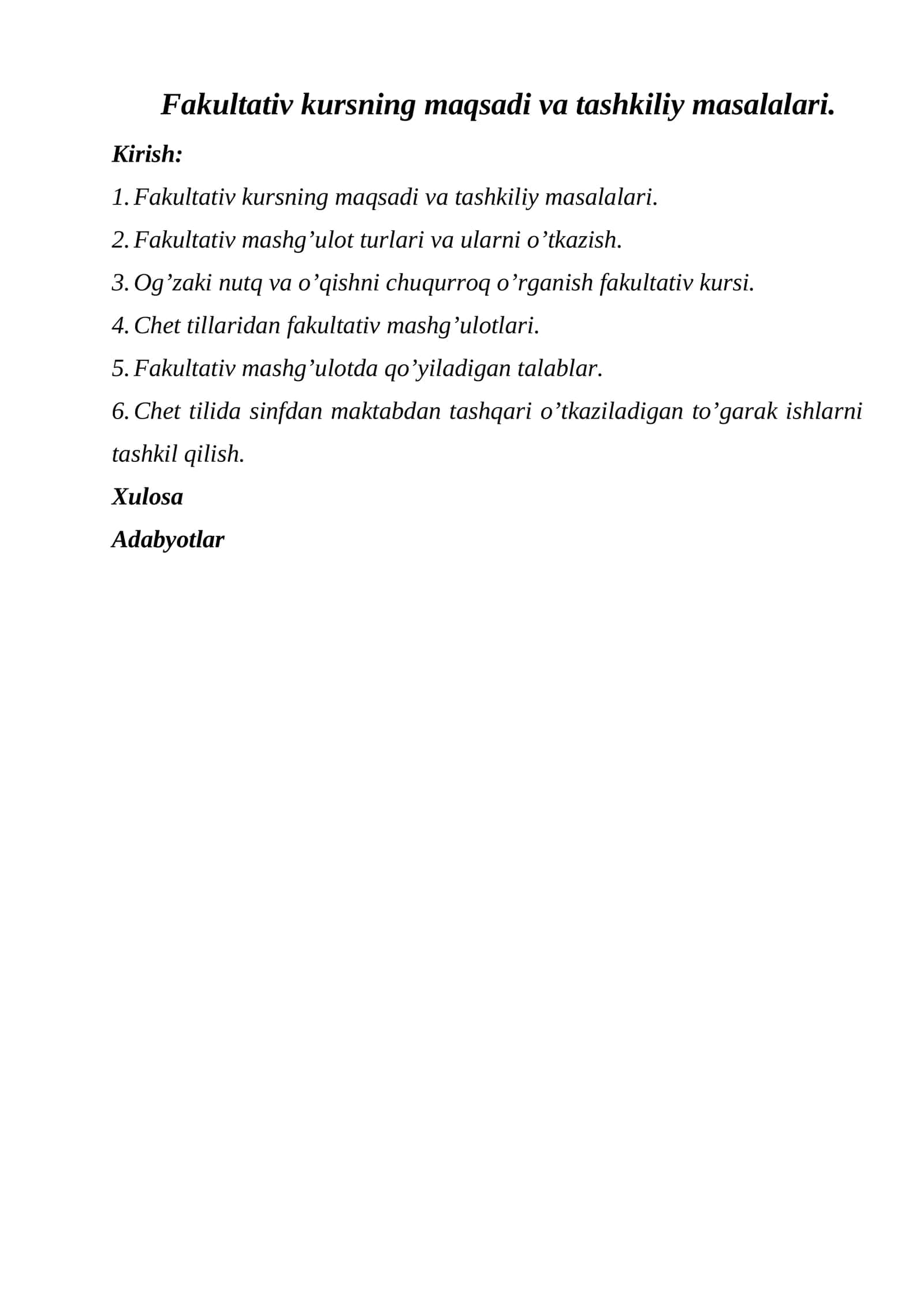 Fakultativ kursning maqsadi va tashkiliy masalalari 1