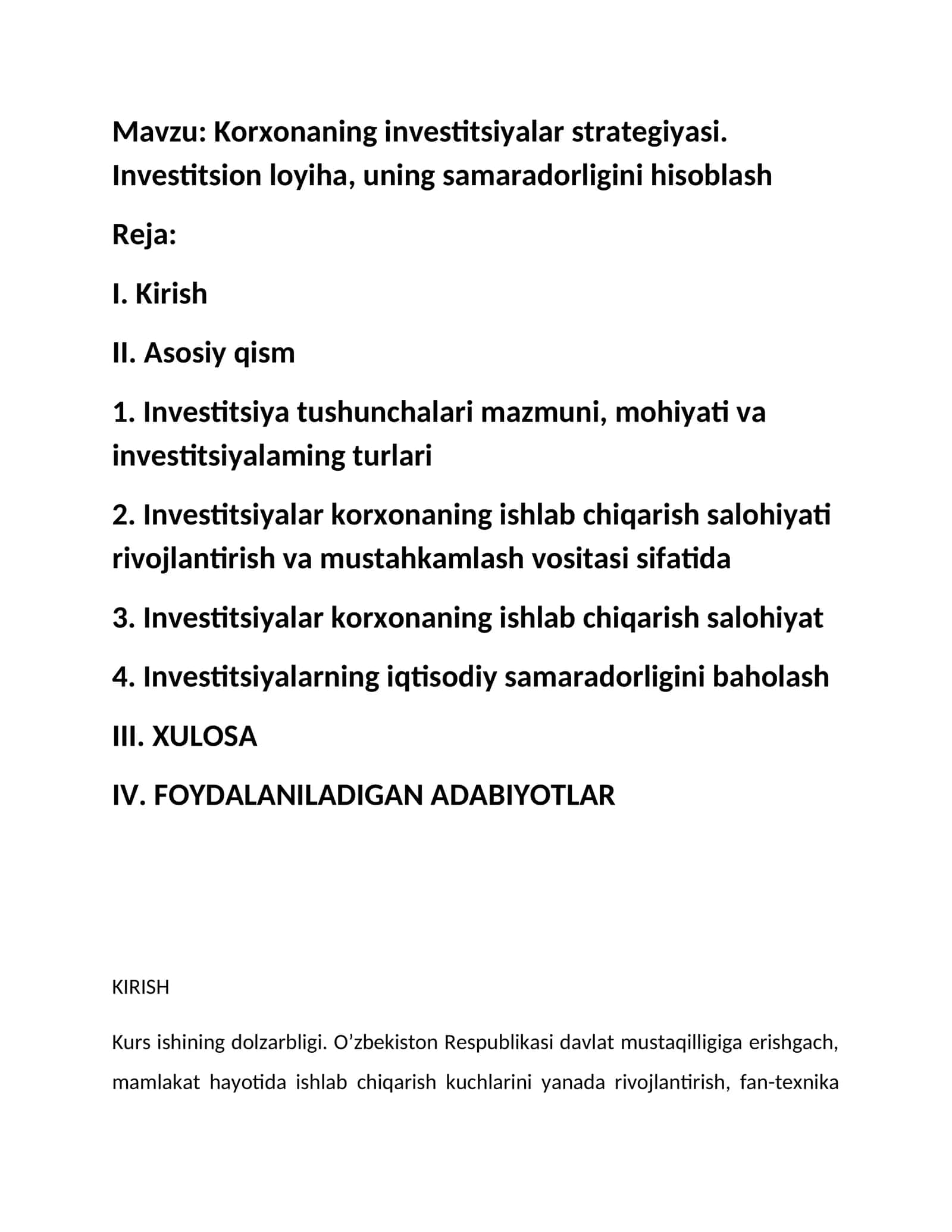 Korxonaning investitsiyalar strategiyasi. Investitsion loyiha, uning samaradorligini hisoblash 1