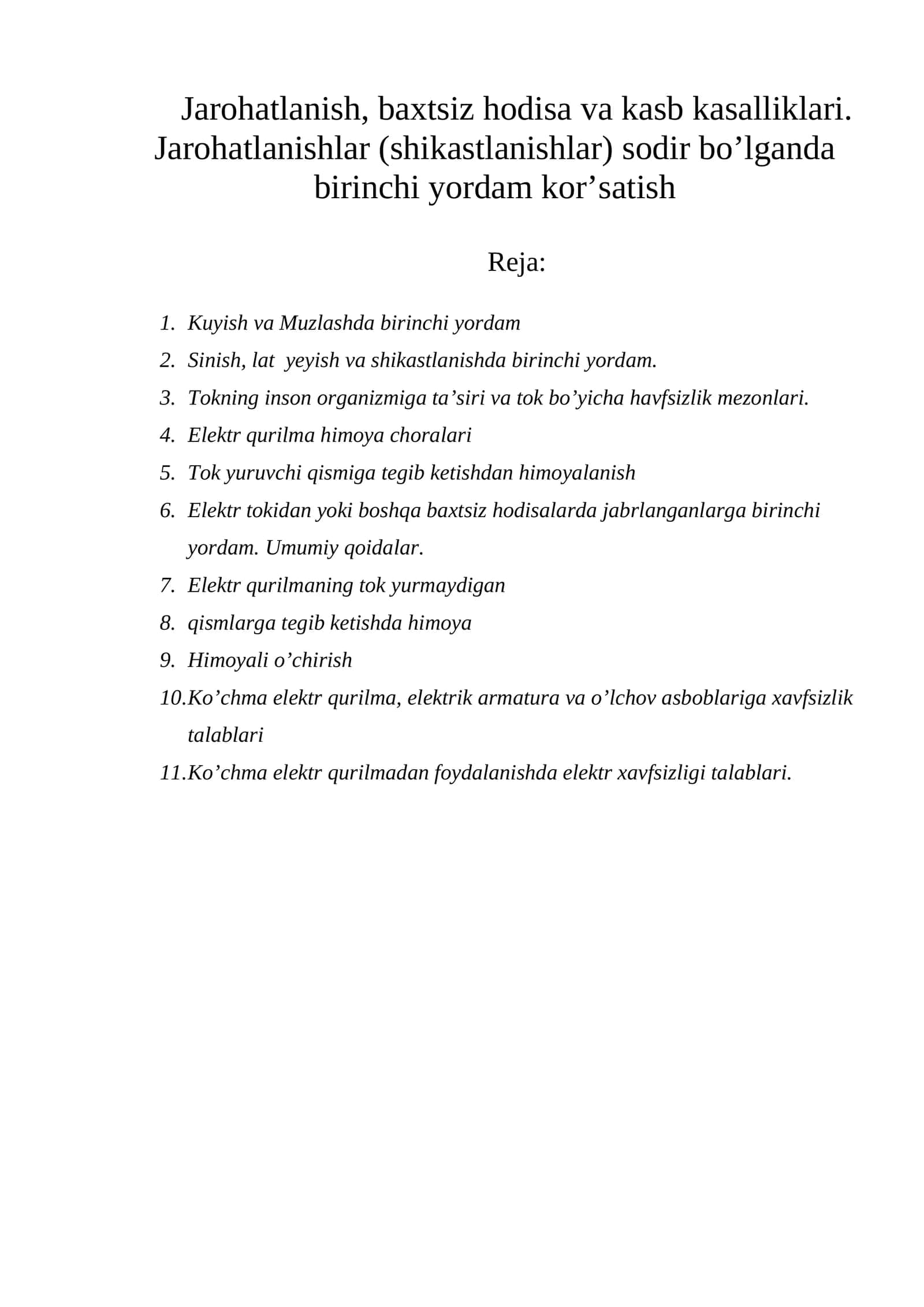 Jarohatlanish, baxtsiz hodisa va kasb kasalliklari. Jarohatlanishlar (shikastlanishlar) sodir bo’lganda birinchi yordam kor’satish 1