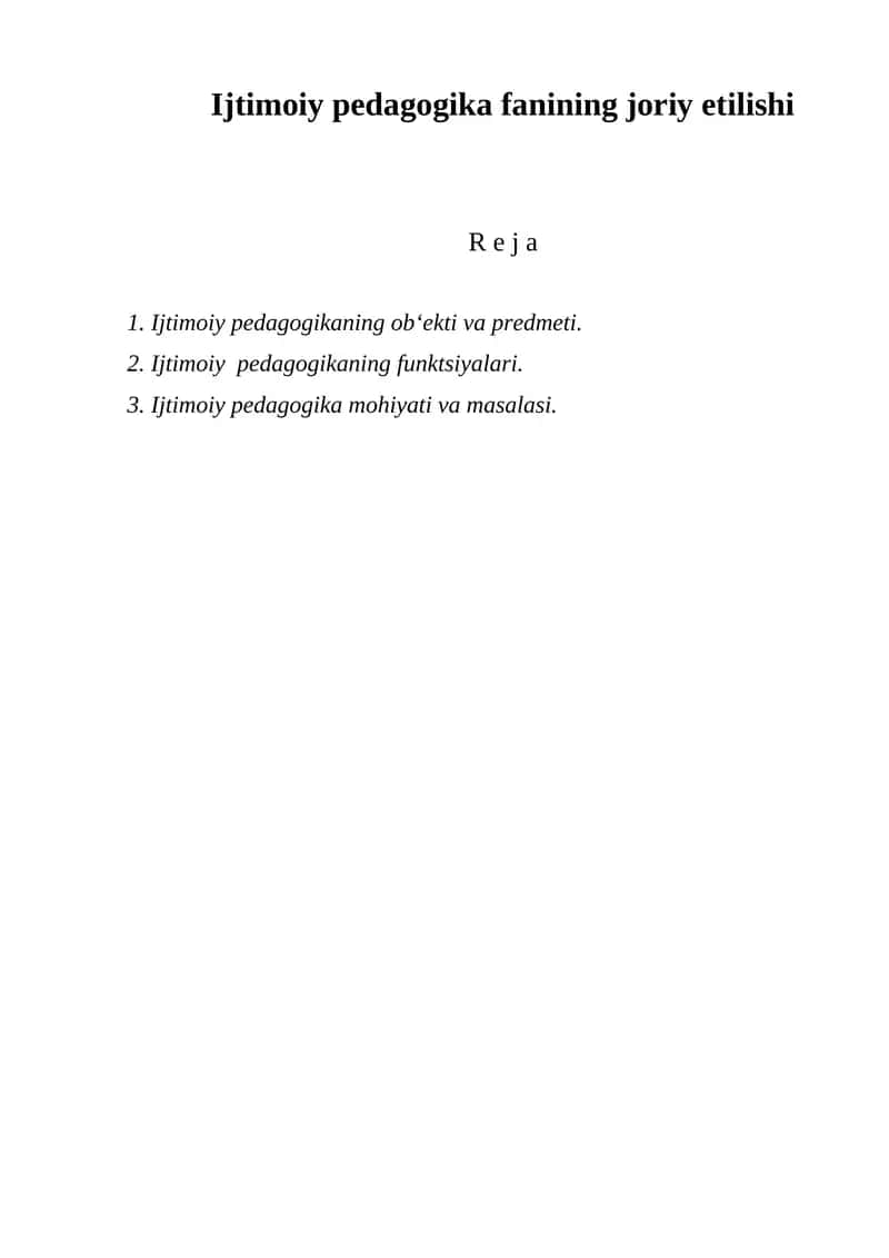 Ijtimoiy Pedagogika Fanining Joriy Etilishi 1