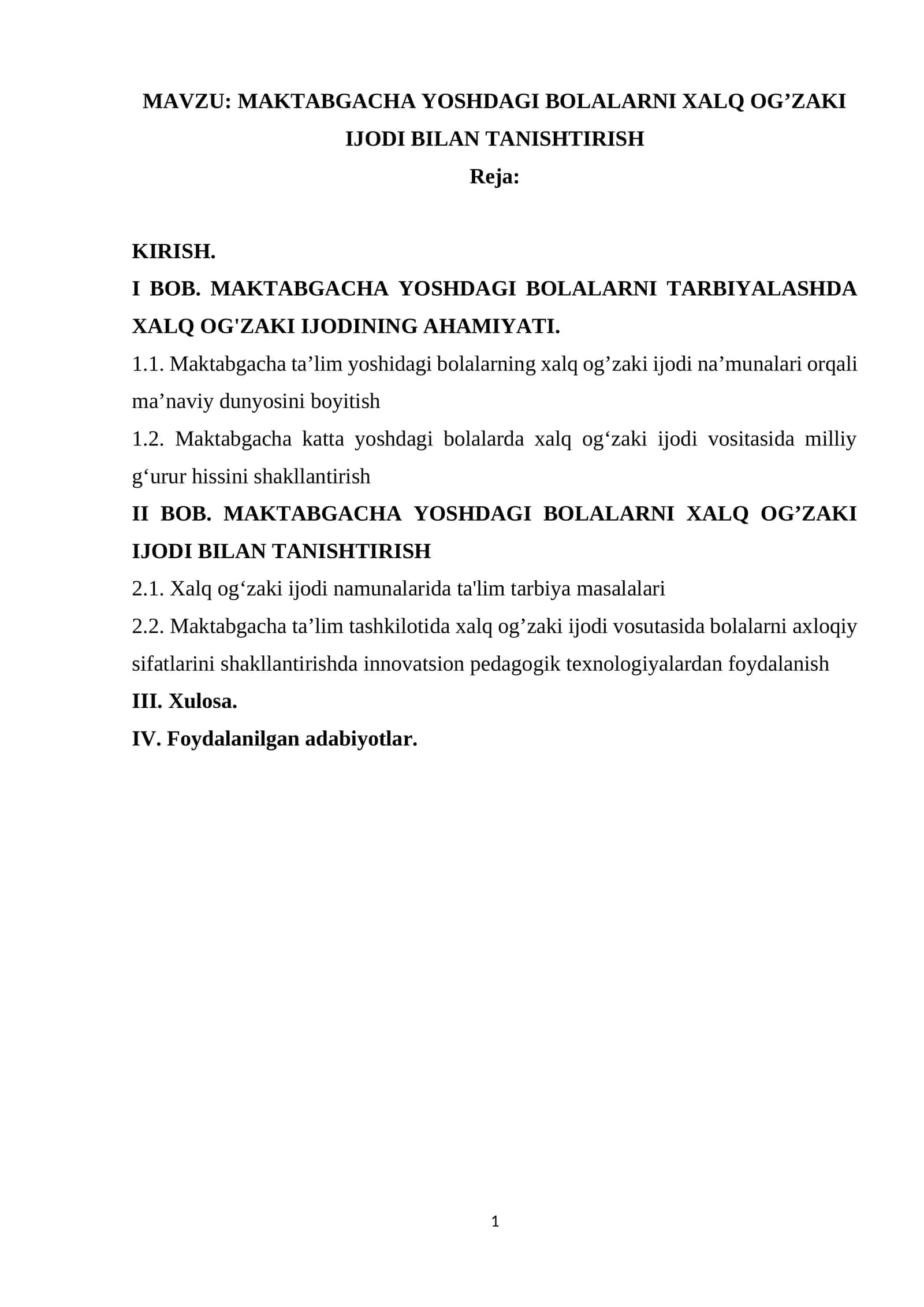 MAKTABGACHA YOSHDAGI BOLALARNI XALQ OG’ZAKI IJODI BILAN TANISHTIRISH 1