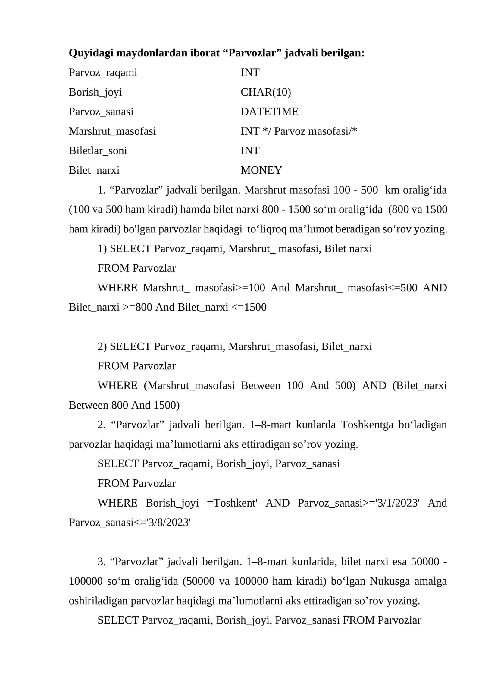 Parvozlar jadvali 1