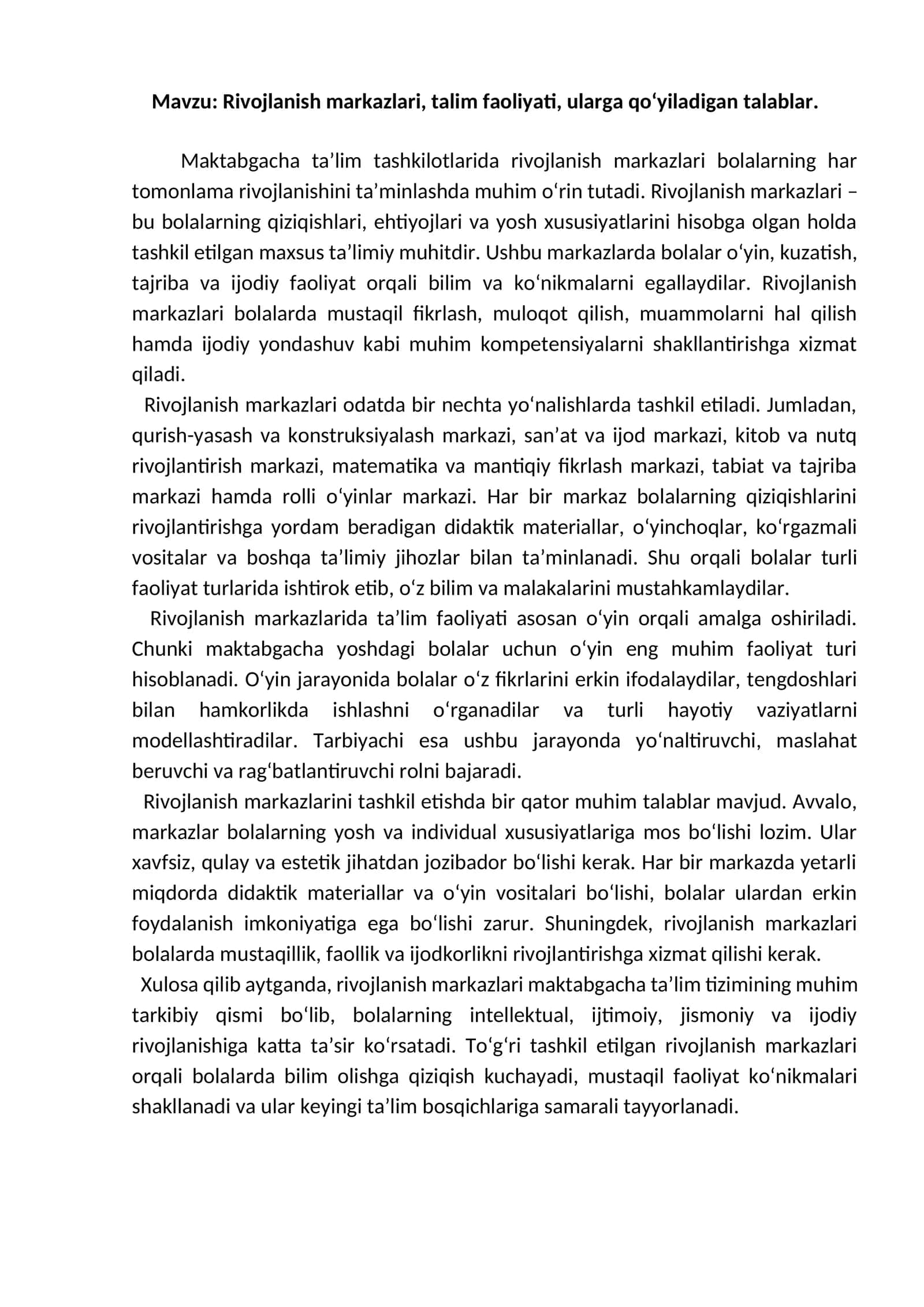 Rivojlanish markazlari 1