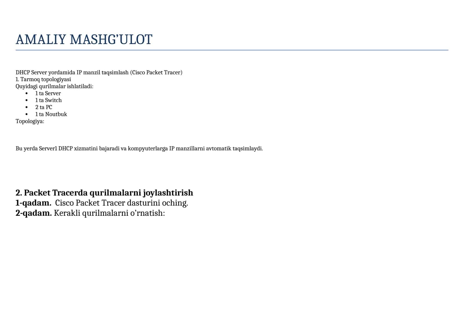 DHCP Server yordamida IP manzil taqsimlash (Cisco Packet Tracer) 1