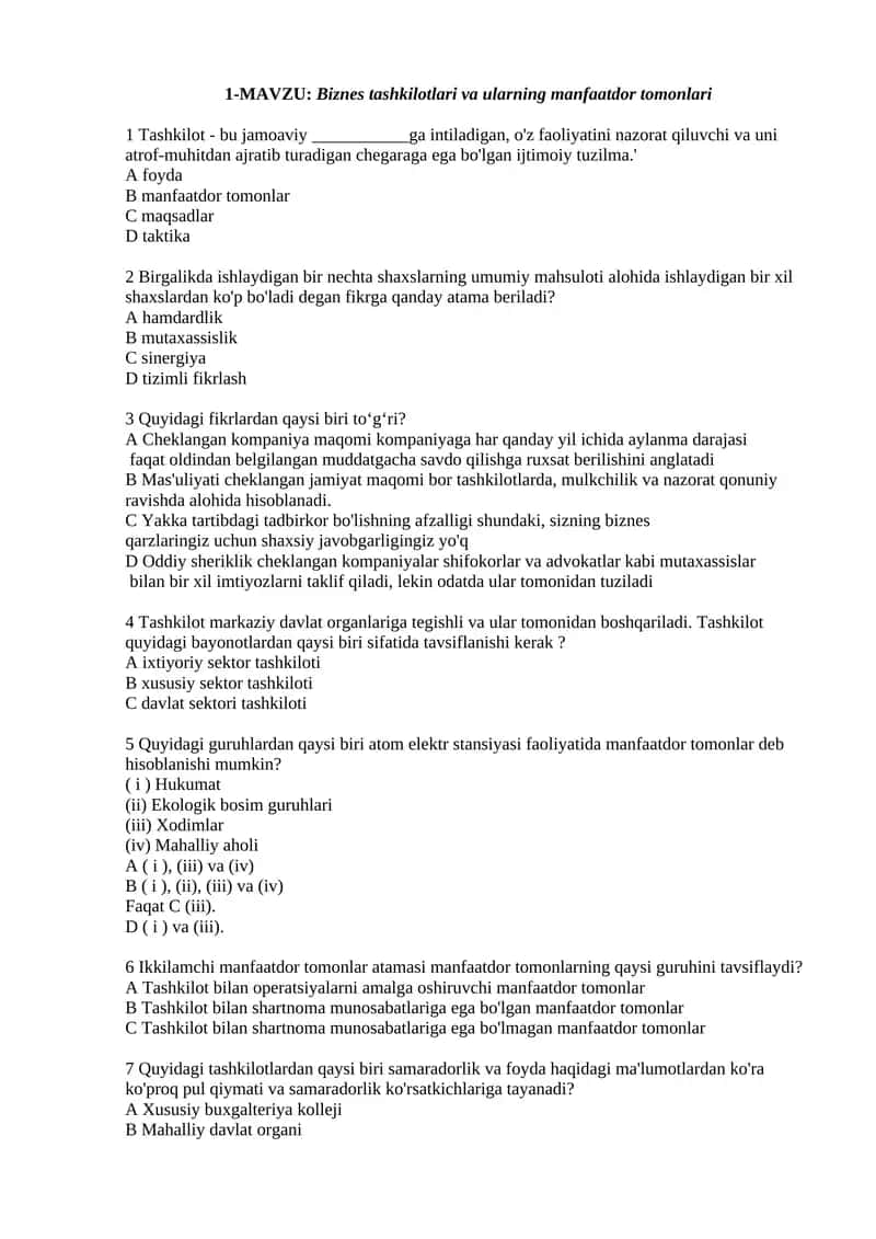 Biznes tashkilotlari va ularning manfaatdor tomonlari 1