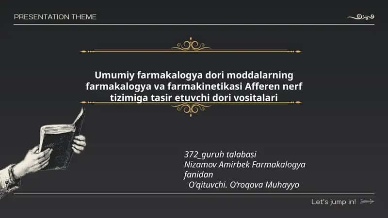 Umumiy farmakalogya dori moddalarning farmakalogya va farmakinetikasi Afferen nerf tizimiga tasir etuvchi dori vositalari 1