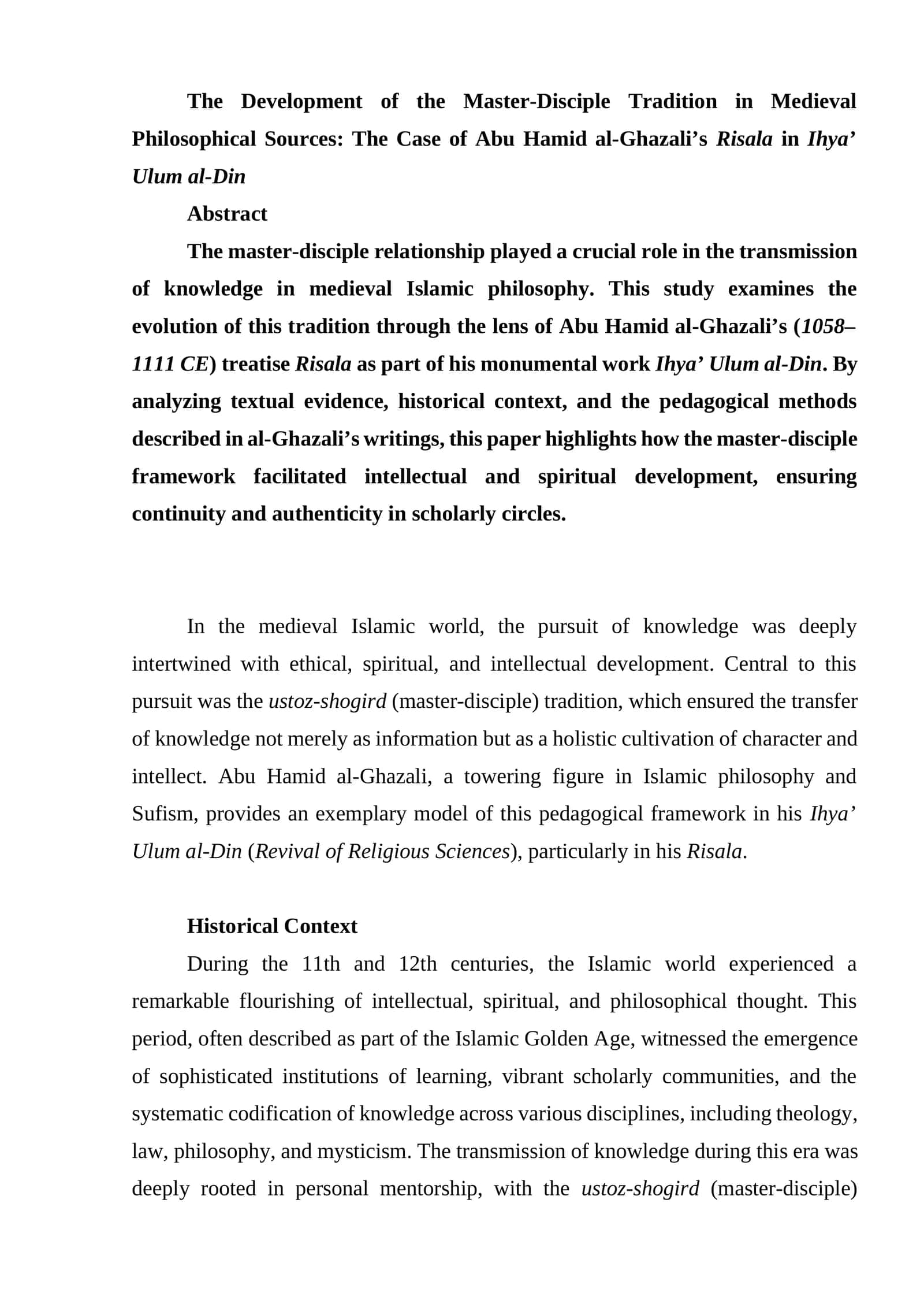 The Development of the Master-Disciple Tradition in Medieval Philosophical Sources: The Case of Abu Hamid al-Ghazali’s Risala in Ihya’ Ulum al-Din 1