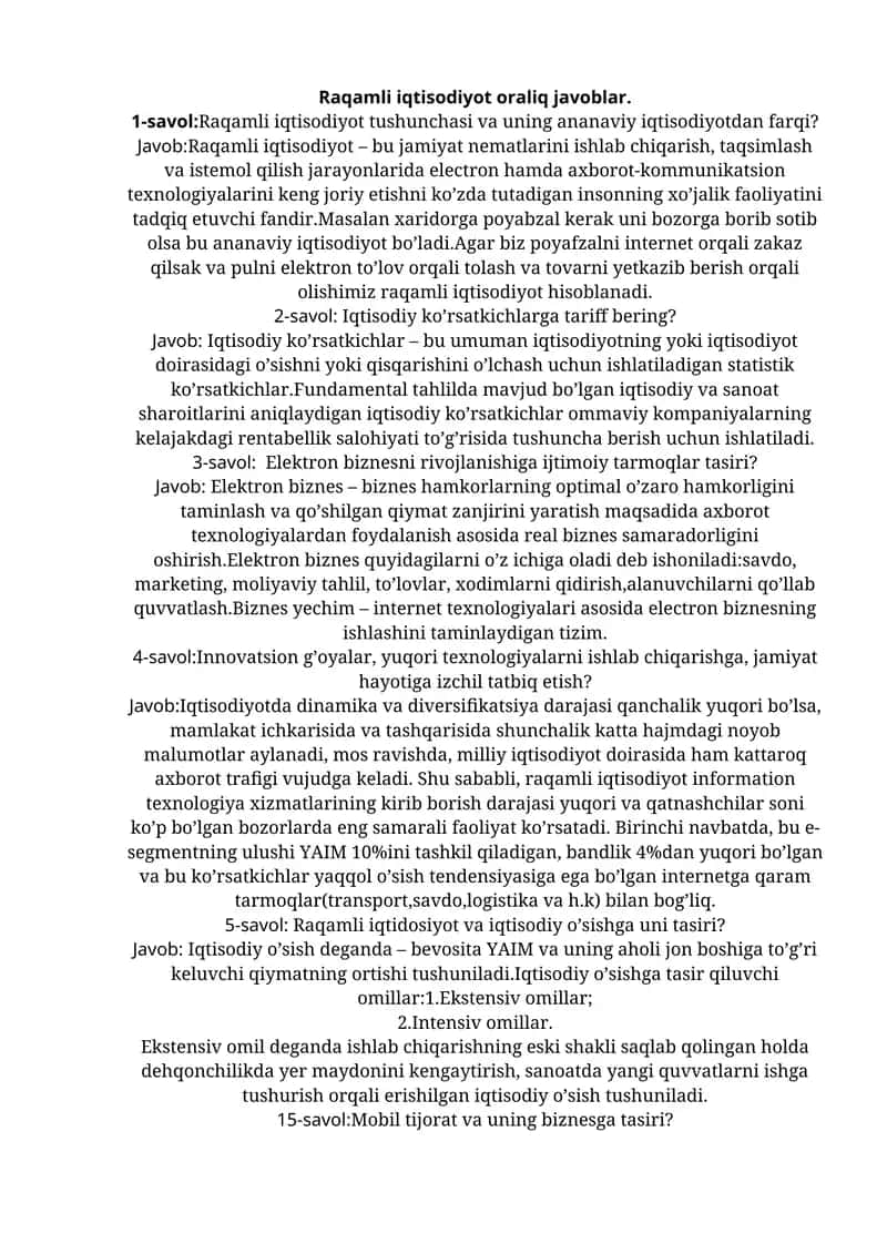 Raqamli iqtisodiyot oraliq javoblar 1