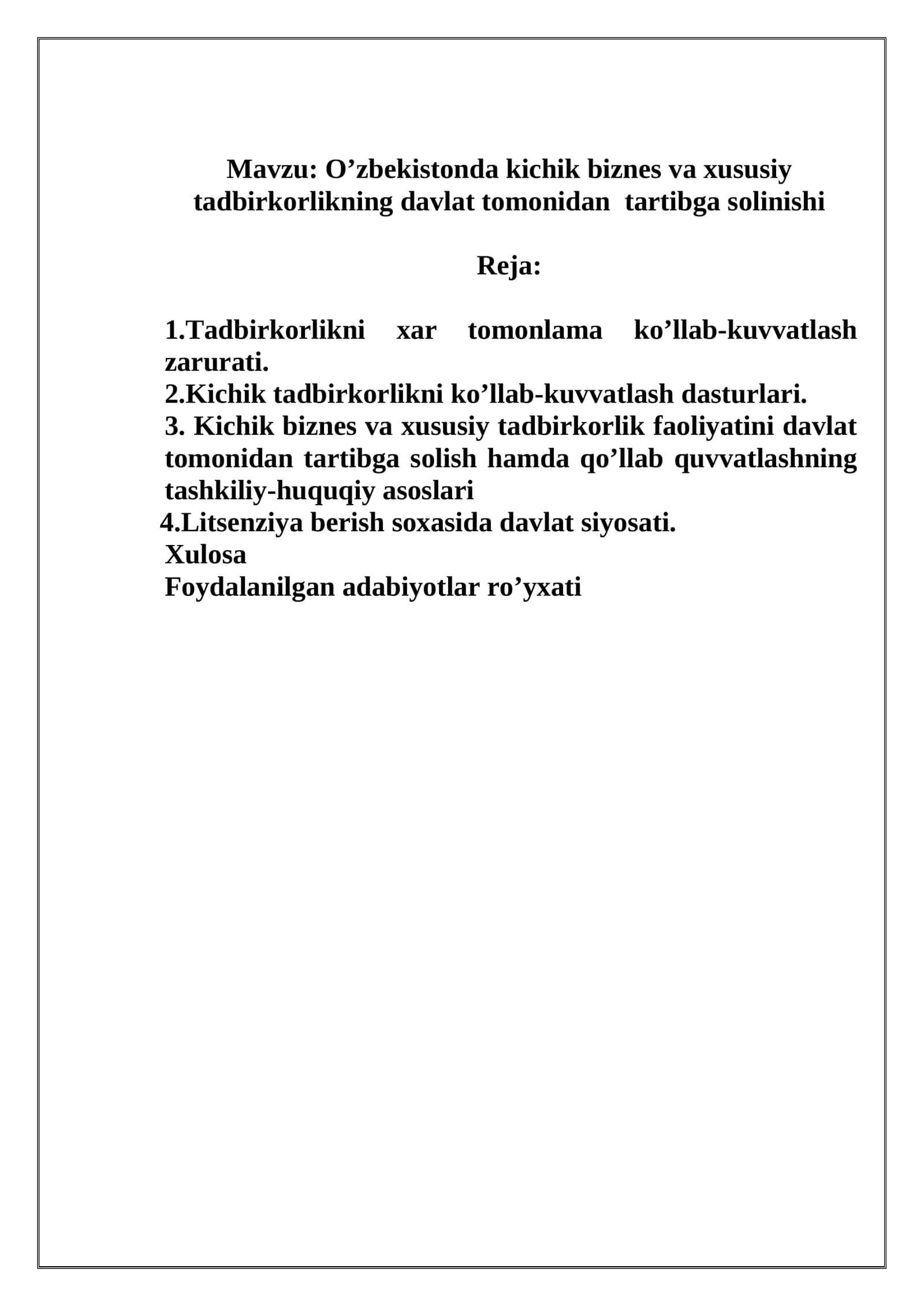 O’zbekistonda kichik biznes va xususiy tadbirkorlikning davlat tomonidan tartibga solinishi 1