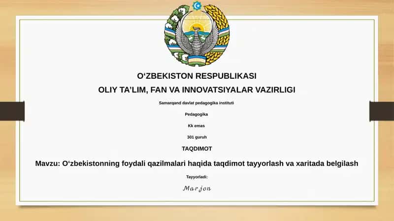 Oʻzbekistonning foydali qazilmalari haqida taqdimot tayyorlash va xaritada belgilash 1