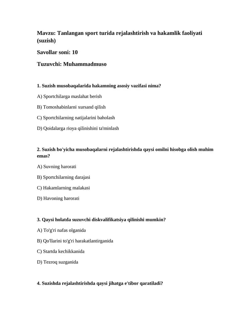 Tanlangan sport turida rejalashtirish va hakamlik faoliyati (suzish) 1