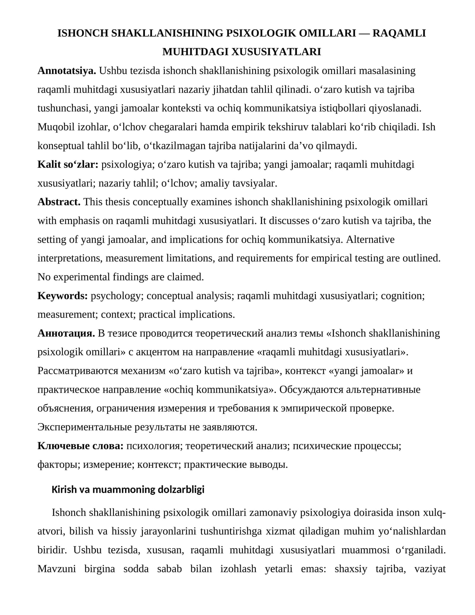 ISHONCH SHAKLLANISHINING PSIXOLOGIK OMILLARI — RAQAMLI MUHITDAGI XUSUSIYATLARI 1