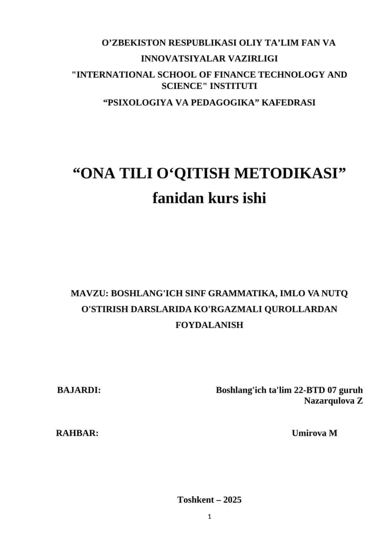 BOSHLANG'ICH SINF GRAMMATIKA, IMLO VA NUTQ O'STIRISH DARSLARIDA KO'RGAZMALI QUROLLARDAN FOYDALANISH 1