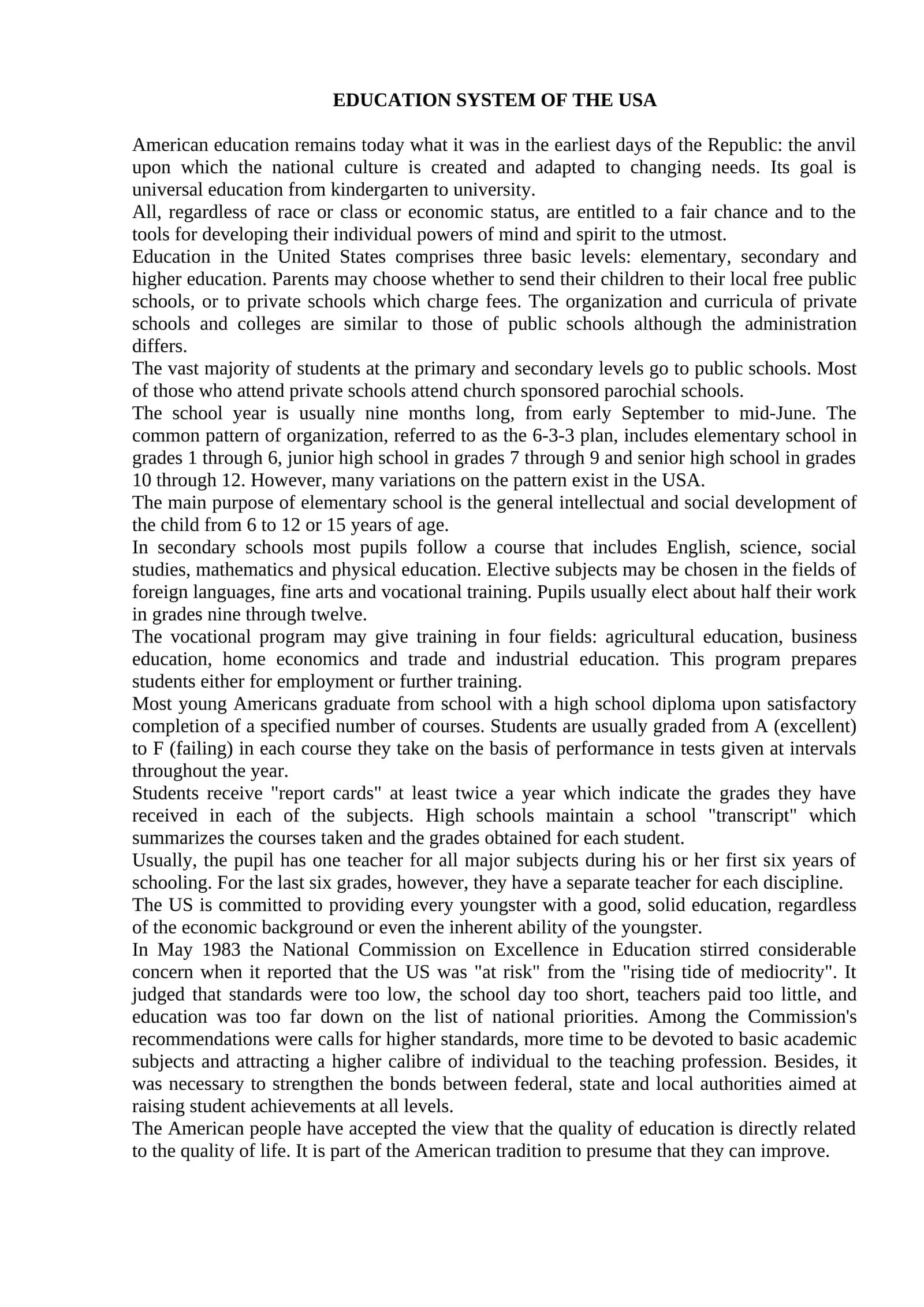 EDUCATION SYSTEM OF THE USA 1
