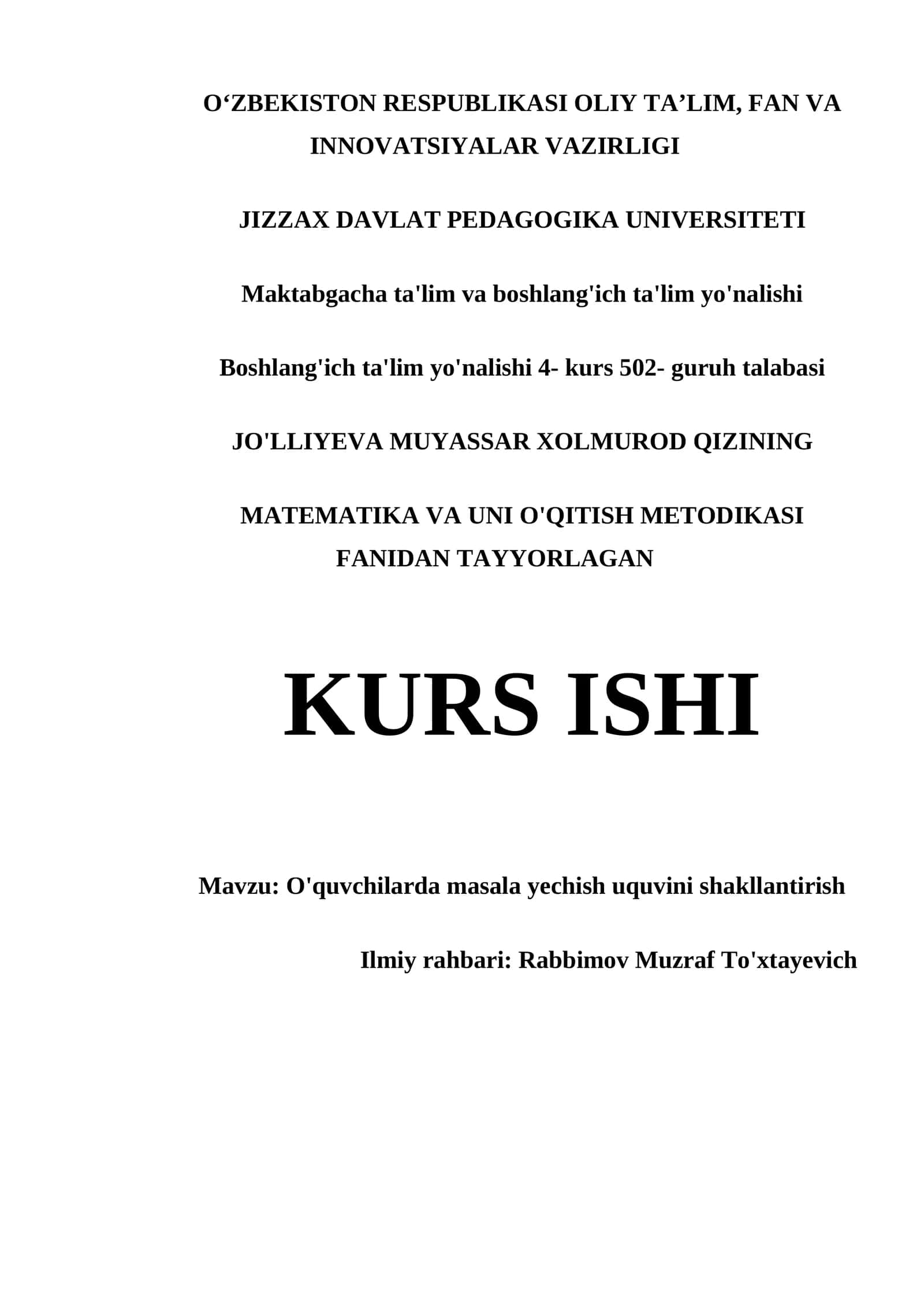 O'QUVCHILARDA MASALA YECHISH UQUVINI SHAKLLANTIRISH 1