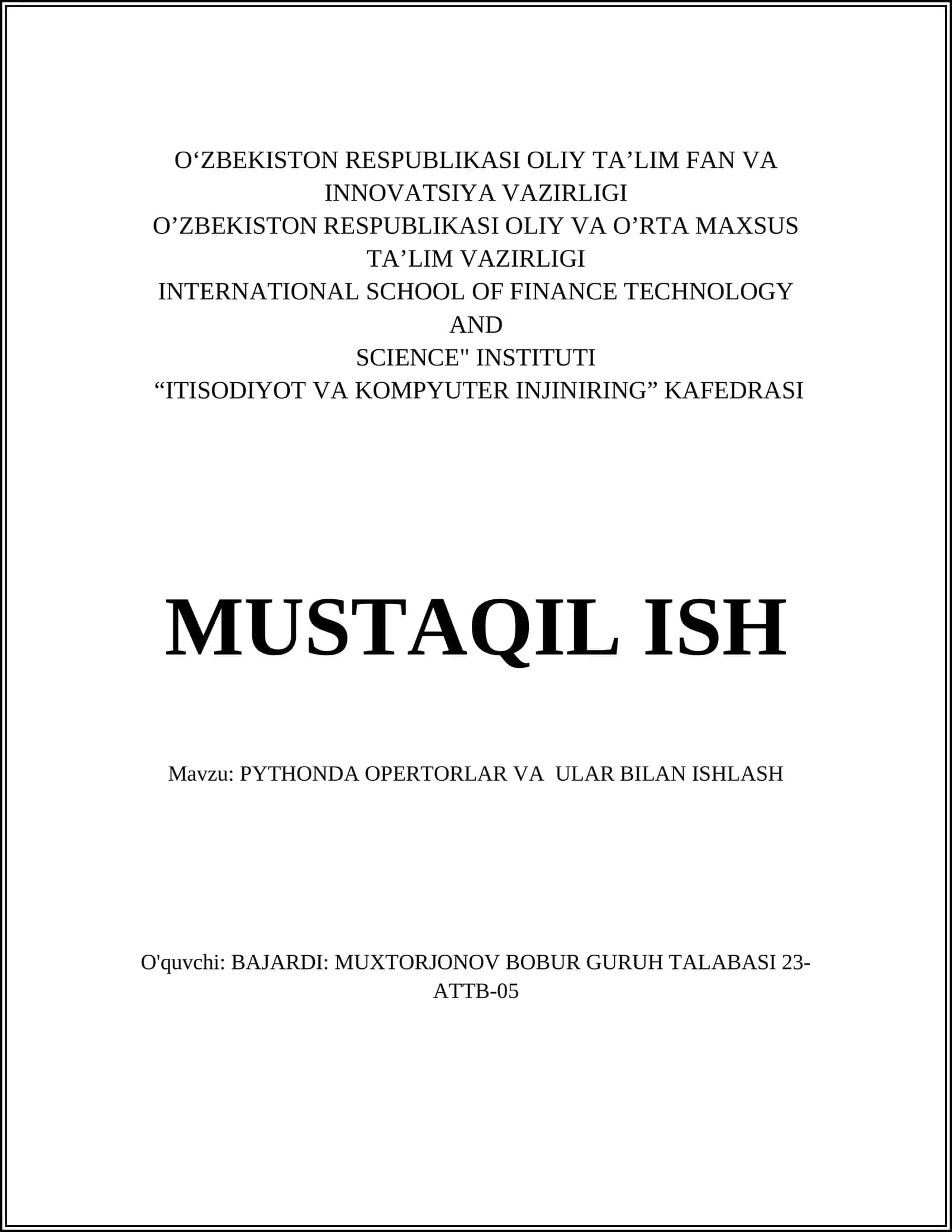 PYTHONDA OPERTORLAR VA ULAR BILAN ISHLASH 1