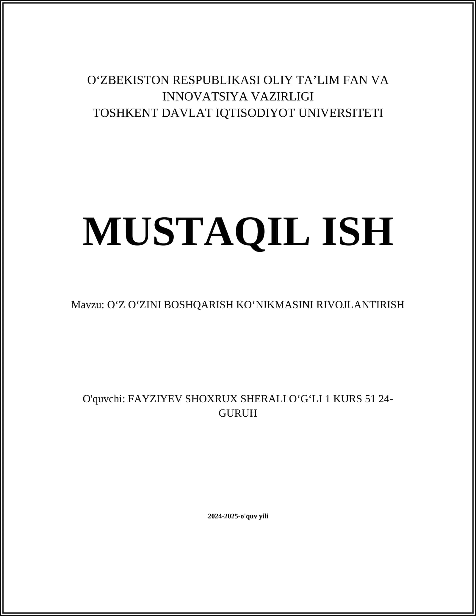 O‘Z O‘ZINI BOSHQARISH KO‘NIKMASINI RIVOJLANTIRISH 1