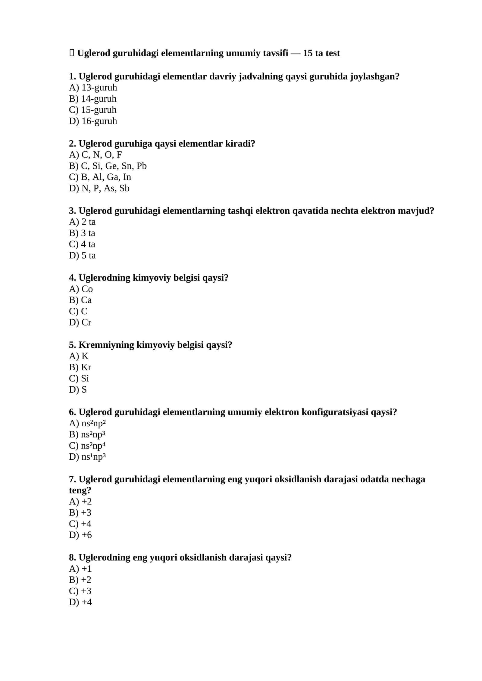 Elementlar kimyosi test 1