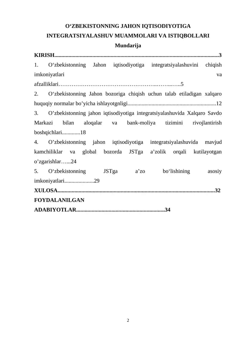 O‘ZBEKISTONNING JAHON IQTISODIYOTIGA INTEGRATSIYALASHUV MUAMMOLARI VA ISTIQBOLLARI 1