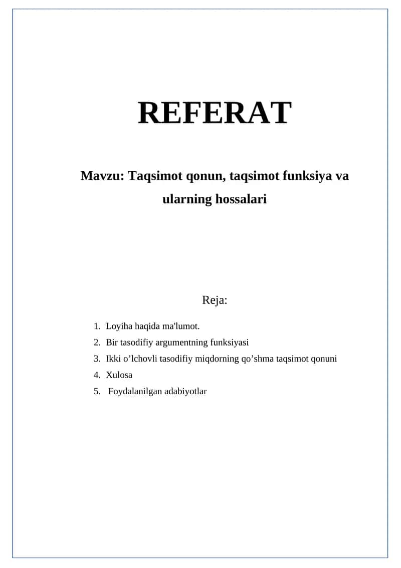 Taqsimot qonun, taqsimot funksiya va ularning hossalari 1